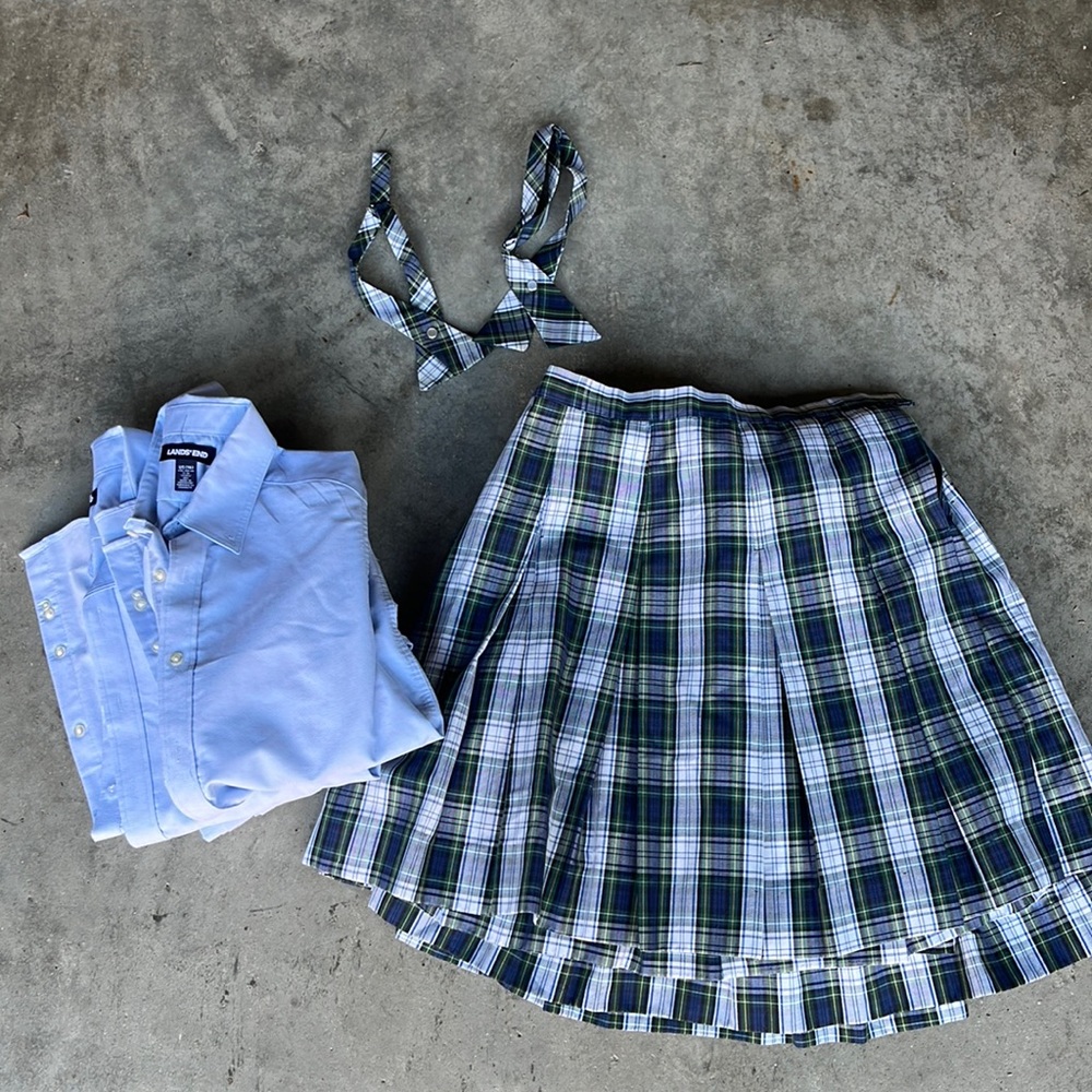 Full Girls LandsEnd Uniform Set- Plaid Skirts, Blue Button Down Shirts, Bow Ties